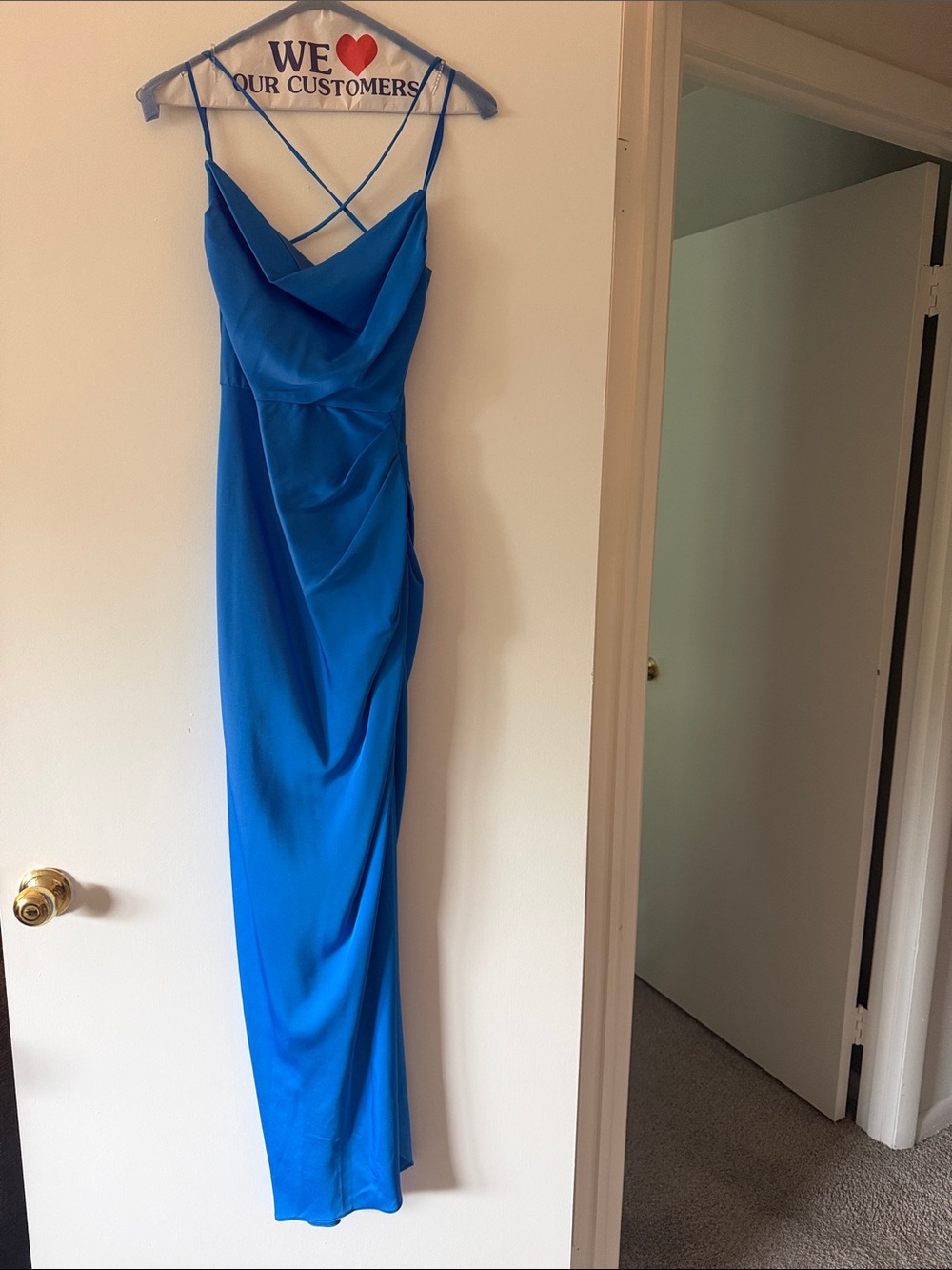 DO+BE Cobalt Blue Satin Cowl Neck Maxi Dress with Crisscross Straps